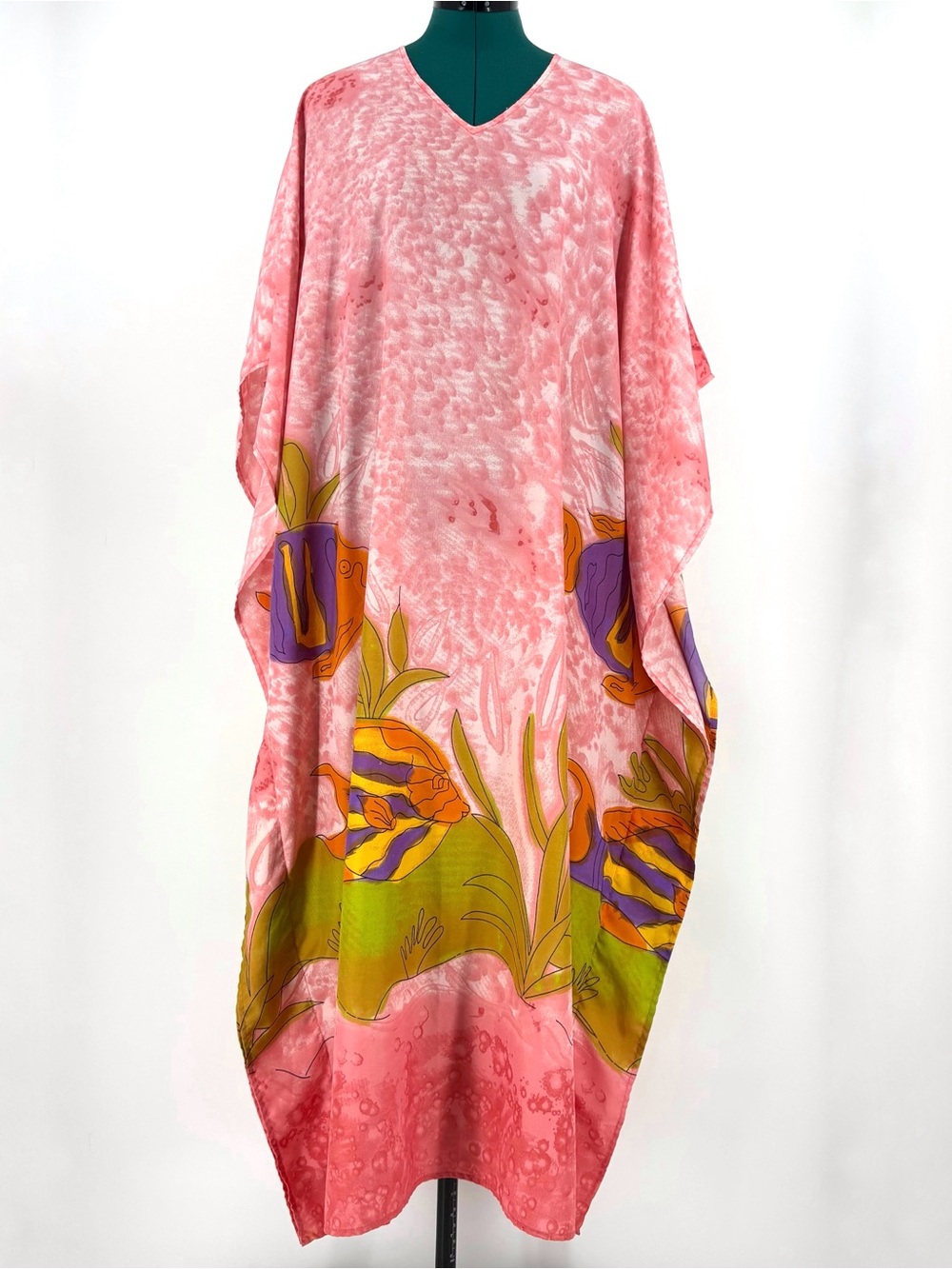 Santé Classics Pink Tropical Fish Patterned Maxi Caftan Dress, One-Size
